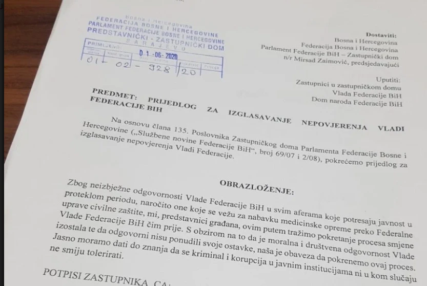Prijedlog za izglasavanje nepovjerenja Federalnoj vladi predan Parlamentu FBiH