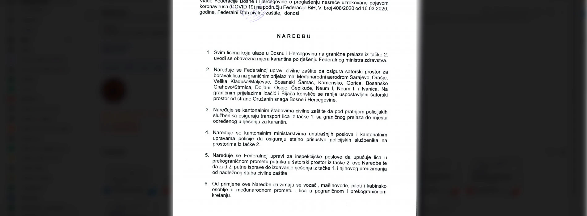 Popis novih naredbi sa 15. izvanredne sjednice Federalnog stožera Civilne zaštite 
