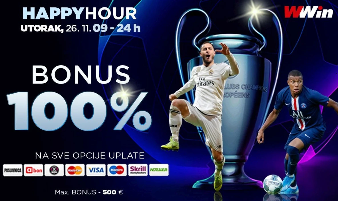 Happy Hours WWin - 100% bonusa na sve opcije uplate danas od 10 do 24h