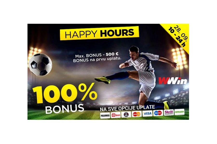 Happy Hours WWin - 100% bonusa na sve opcije uplate do ponoći