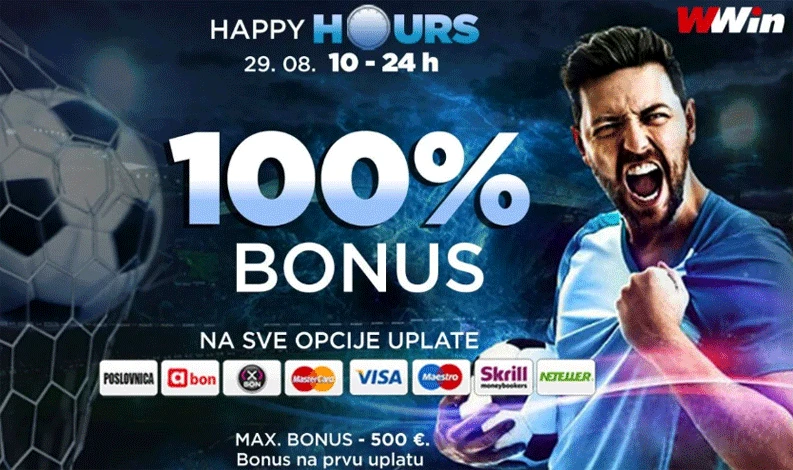 Happy Hours WWin - 100% bonusa na sve opcije uplate u četvrtak od 10 do 24