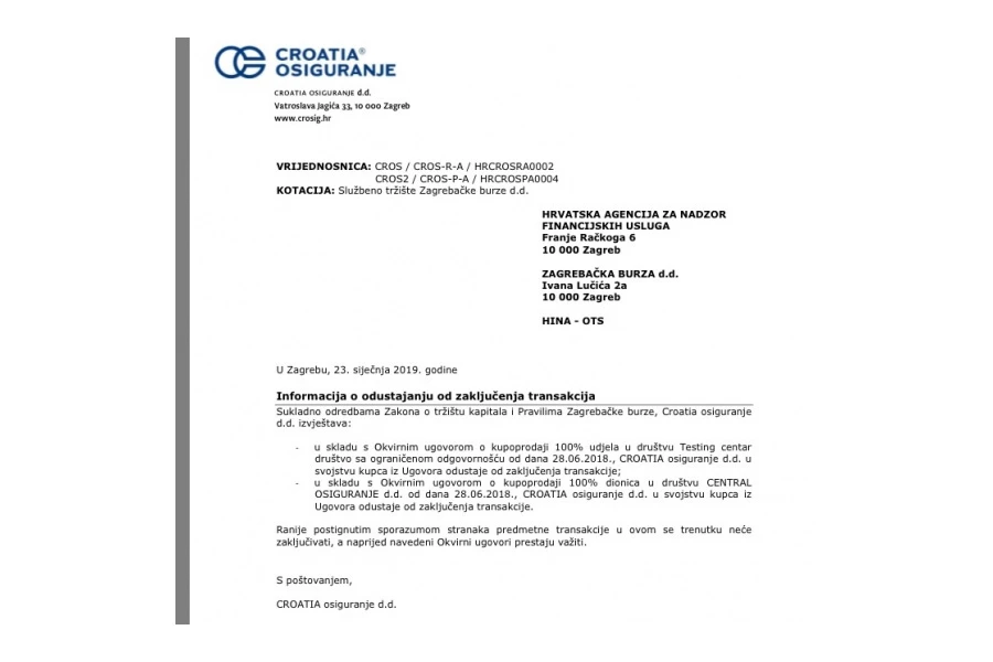 Croatia osiguranje odustalo od preuzimanja Central osiguranja i Testing centra