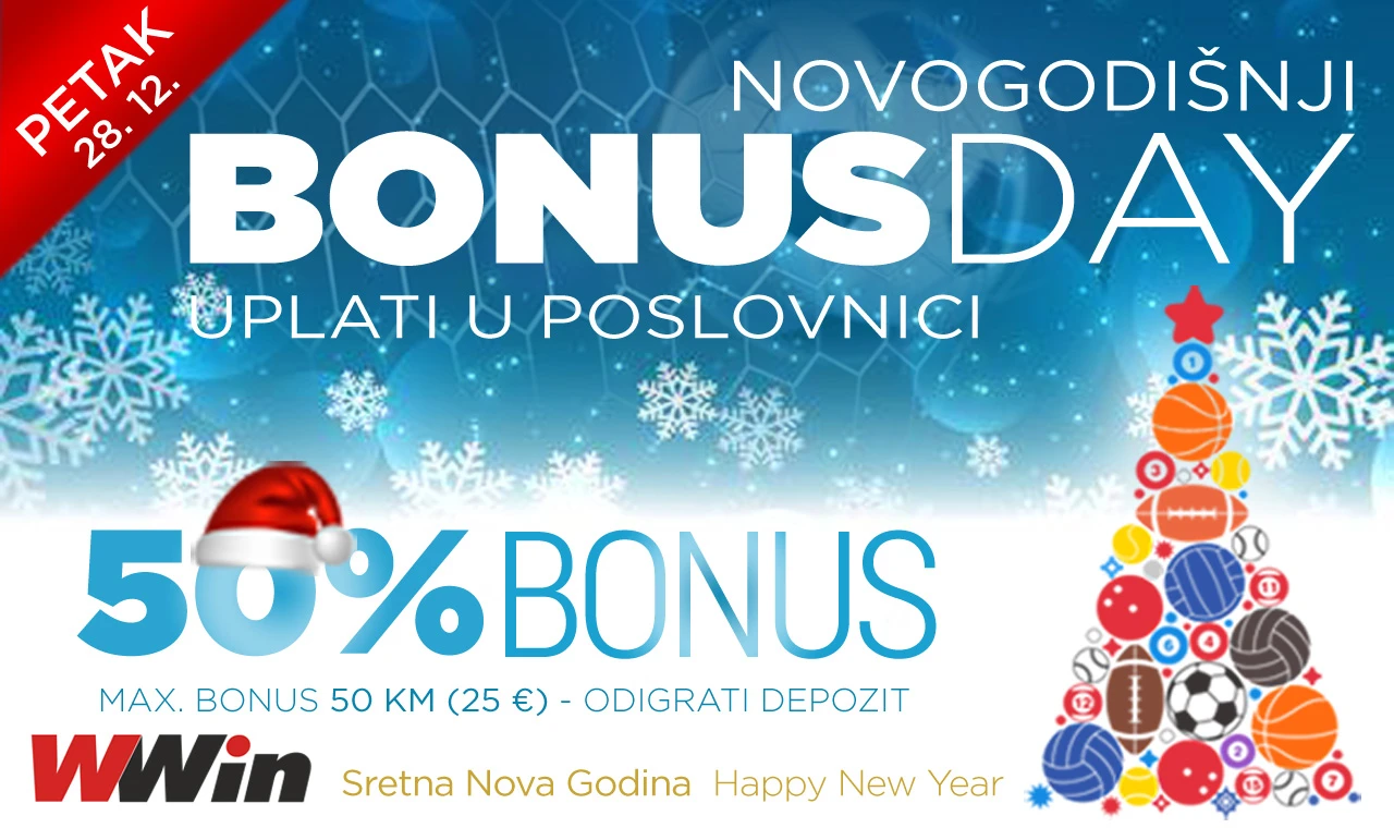 Novogodišnji Bonus day u poslovnicama WWin - 50% bonusa na sve uplate u tom danu