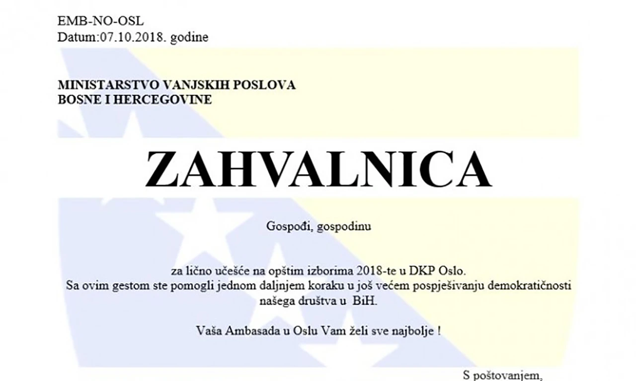 Glasačima u bh. veleposlanstvu bit će uručene simbolične zahvalnice
