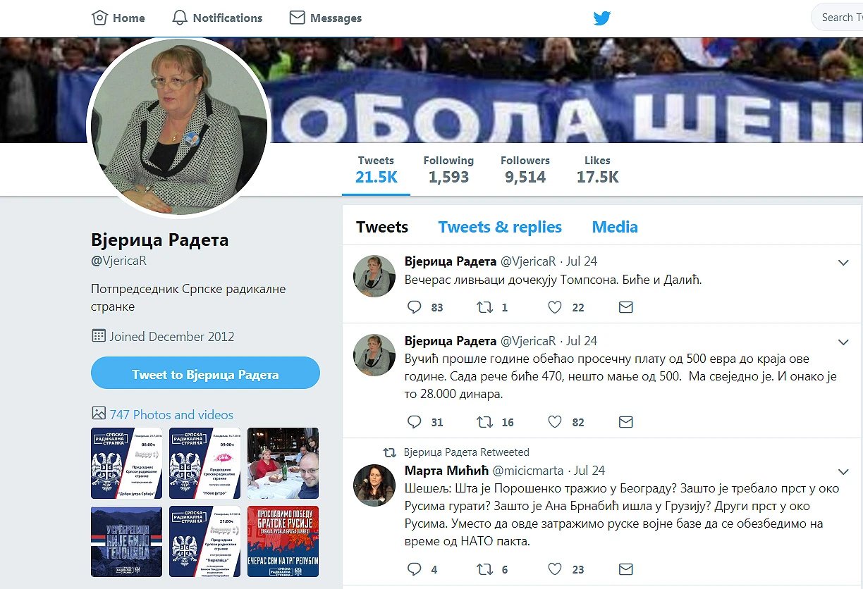 Vjerica Radeta opet aktivna na Twitteru