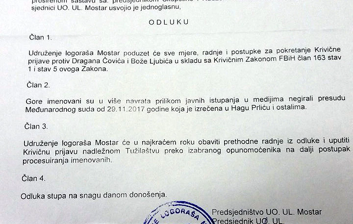  Udruženje logoraša Mostar pokrenut će kaznene prijave protiv Čovića i Ljubića