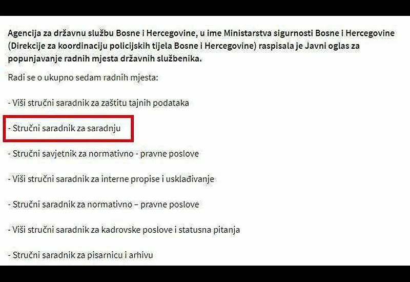 Ministarstvo sigurnosti BiH traži stručnog suradnika za suradnju