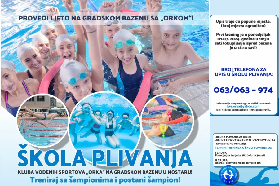 Kluba vodenih sportova "ORKA" organizira LJETNU ŠKOLU PLIVANJA na Gradskom bazenu u Mostaru!
