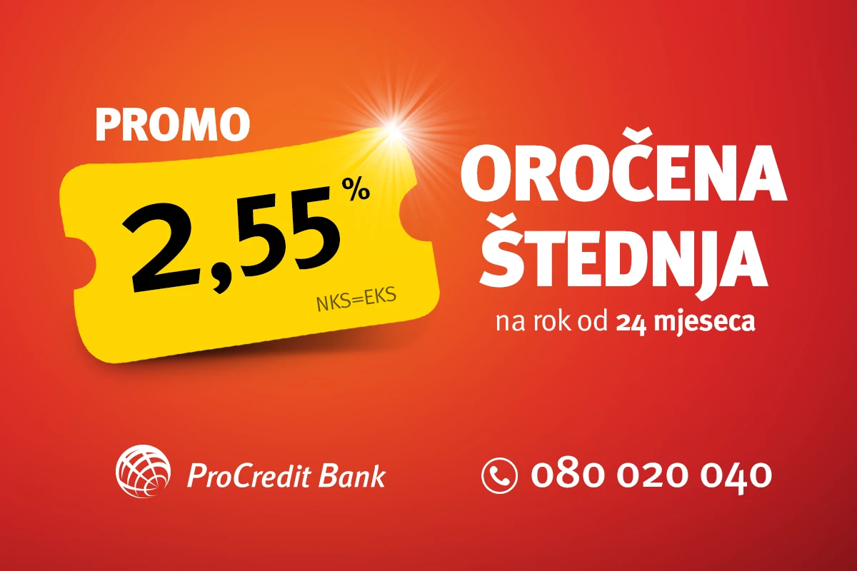 ProCredit Bank: Akcijska kamatna stopa od 2,55% za štednju na 24 mjeseca