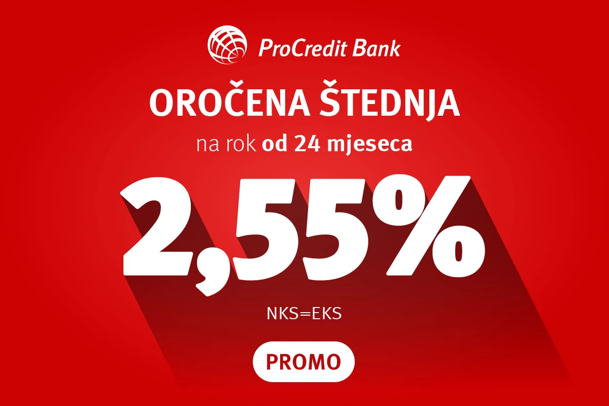ProCredit Bank: Akcijska kamatna stopa od 2,55% za štednju na 24 mjeseca