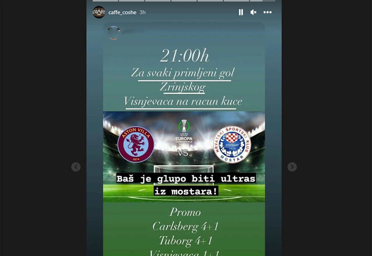 Navijanje po "naški": Sarajevski kafić časti pićem ako Zrinjski primi gol