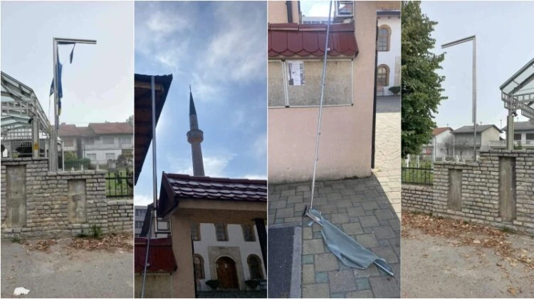 Potrgane zastave na ulazu u džamiju i Šehidsko mezarje u Prijedoru