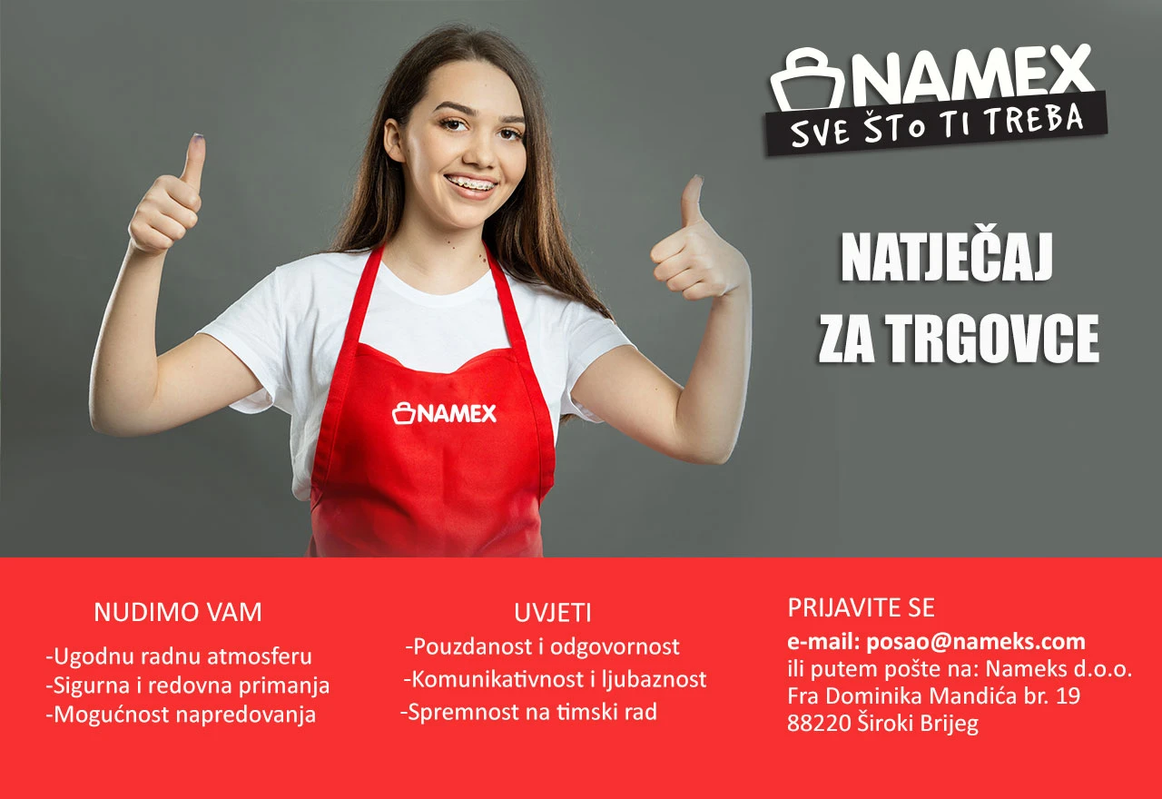 NAMEKS d.o.o. Široki Brijeg raspisuje natječaj za radno mjesto