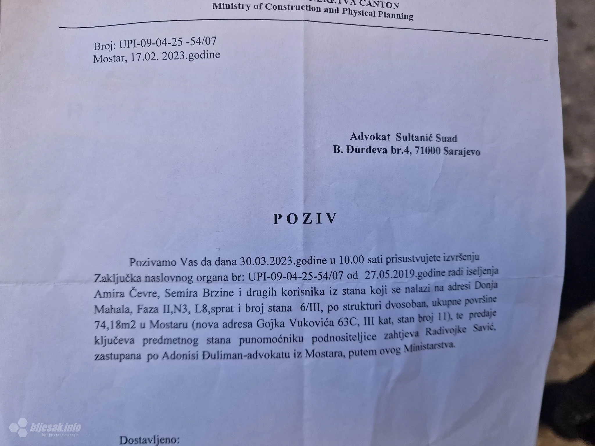 Mostar: Ponovno najavljena pa odgođena deložacija iz pogrešnog stana 