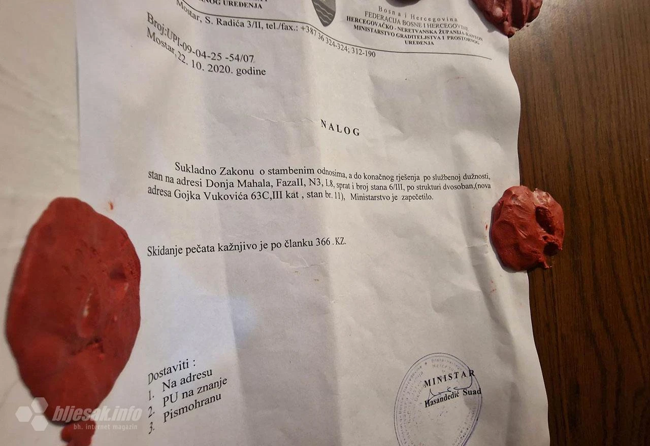 Deložacija u Mostaru: Ministarstvo tvrdi da je sve čisto iako je pisalo da ''predmetni stan ne postoji…''