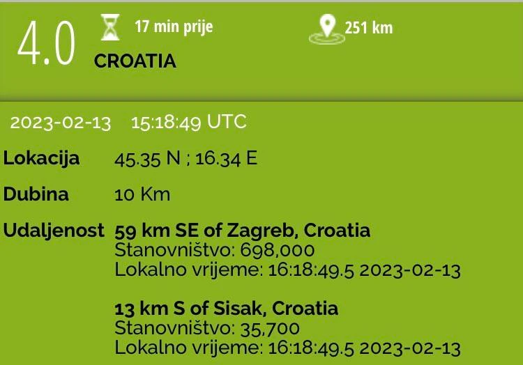 Potres jačine 4.0 po Richteru pogodio Hrvatsku