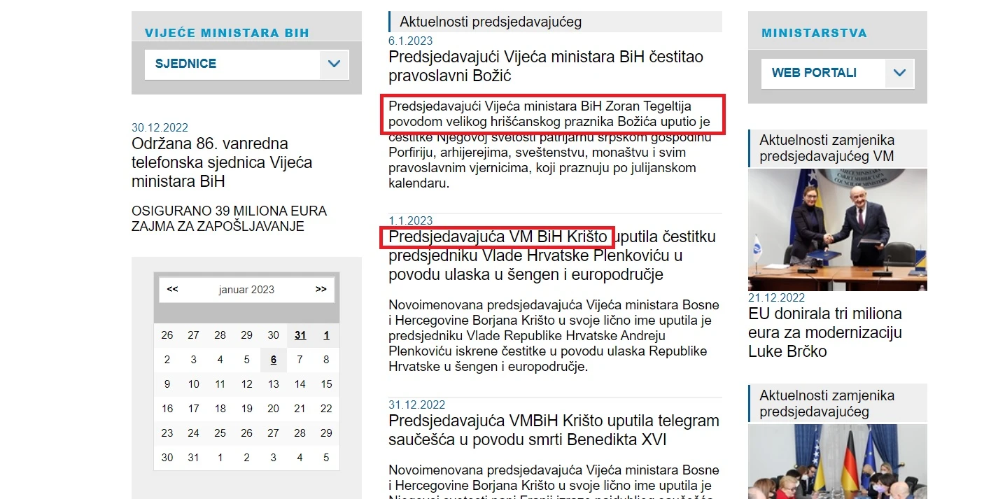 Lapsus ili? Tegeltija kao predsjedavajući Vijeća ministara poslao čestitku