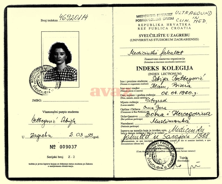 Ovo je zagrebački indeks Sebije Izetbegović