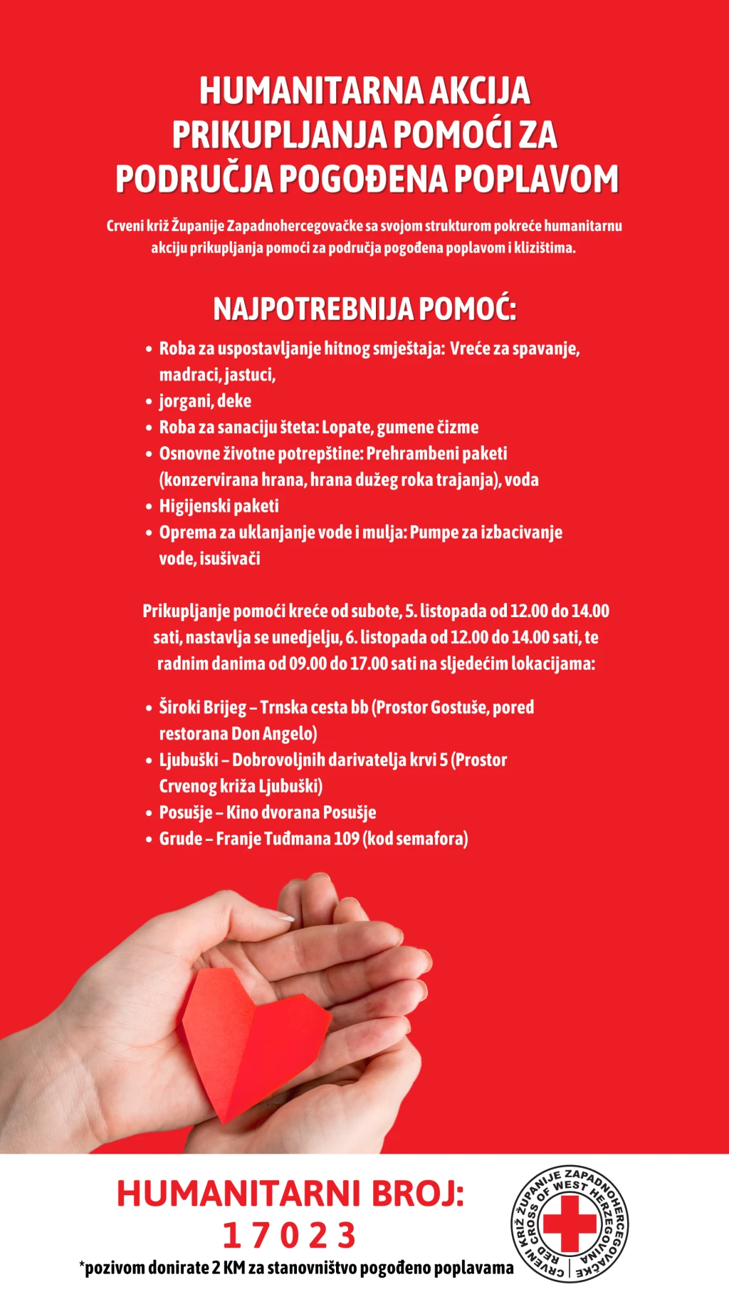 Crveni križ ŽZH pokrenuo humanitarnu akciju prikupljanja pomoći