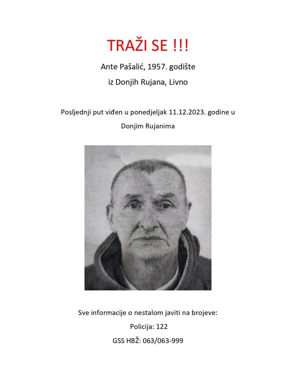 GSS HBŽ nastavlja potragu za 66-godišnjakom