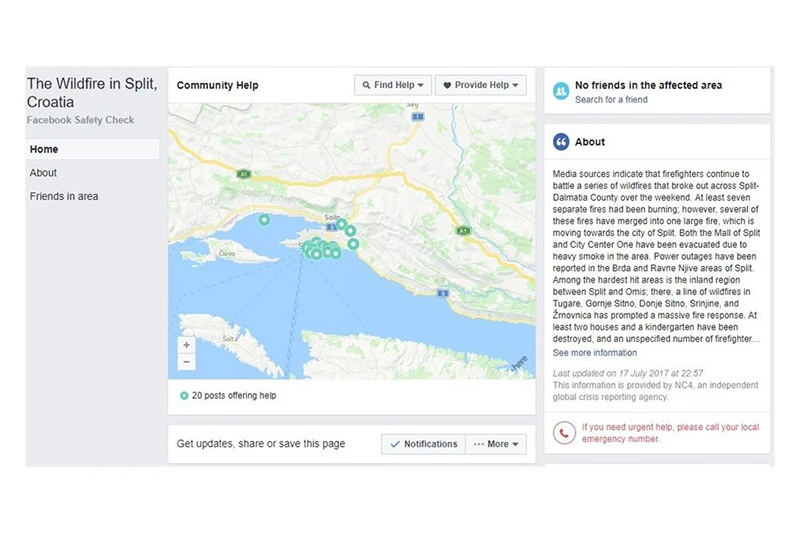 Facebook zbog požara u Splitu prvi puta u Hrvatskoj aktivirao Safety Check