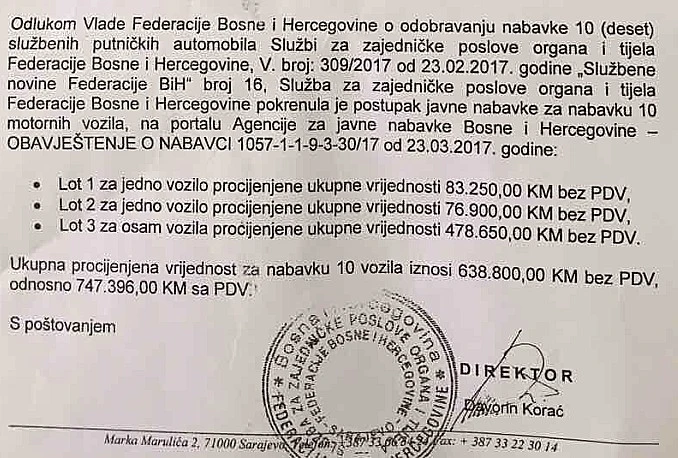 Vlada kupuje automobile vrijedne 750 000 KM