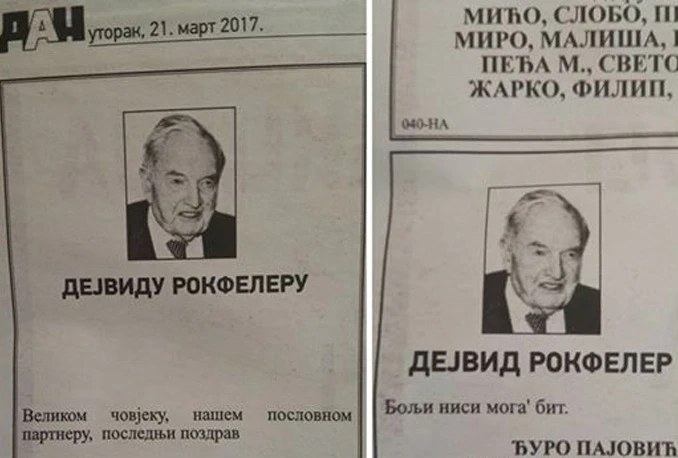 Podgorička čitulja Rockefelleru: "Bolji nisi moga' bit"