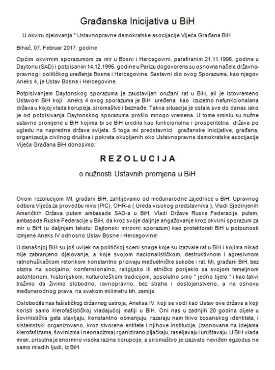 Pismo strancima: Mijenjajte Ustav ili slijedi eskalacija