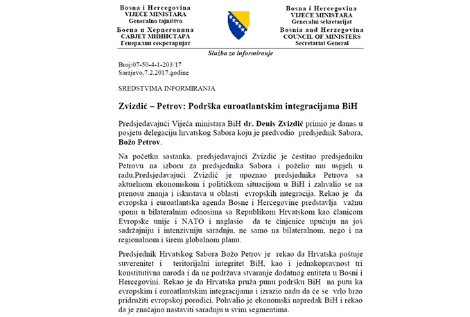 Zvizdićev ured izmislio izjave Petrova o trećem entitetu