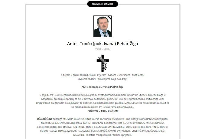 Preminuo Ante-Tonćo Pehar - Žiga