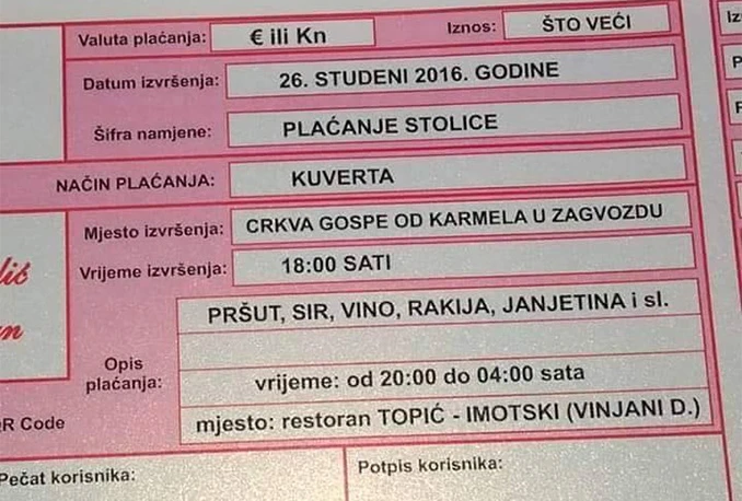 Imotski: Uplatnicom pozvali goste na svadbu