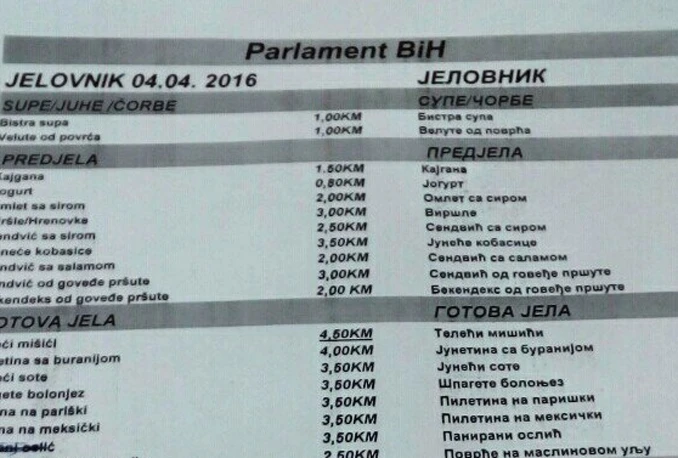 Na ručak u Parlament: Juha 1 KM, pire 1 KM...