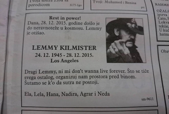 Šutamo se k'o da sutra ne postoji: Lemmy Kilmister dobio čitulju u BiH