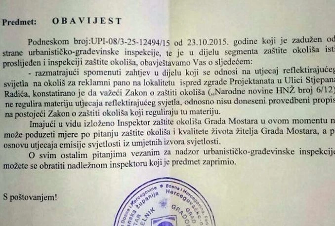 Mostarska sapunica: Inspektor nije nadležan za reklamni pano