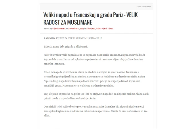 Internetski portal na bošnjačkom jeziku slavi napade u Francuskoj