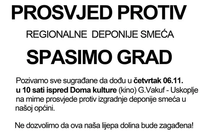 U četvrtak prosvjed protiv izgradnje deponije
