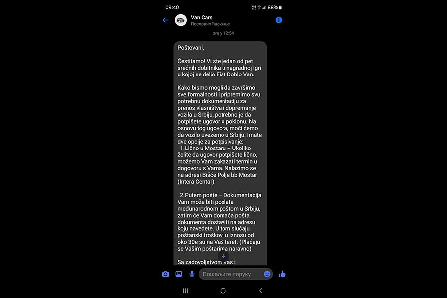 Intera TP: Lažna nagradna igra preko profila 'Van Cars' prevara građana
