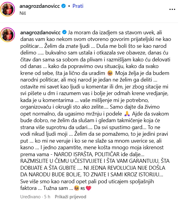 Srpska političarka izazvala buru na Instagramu
