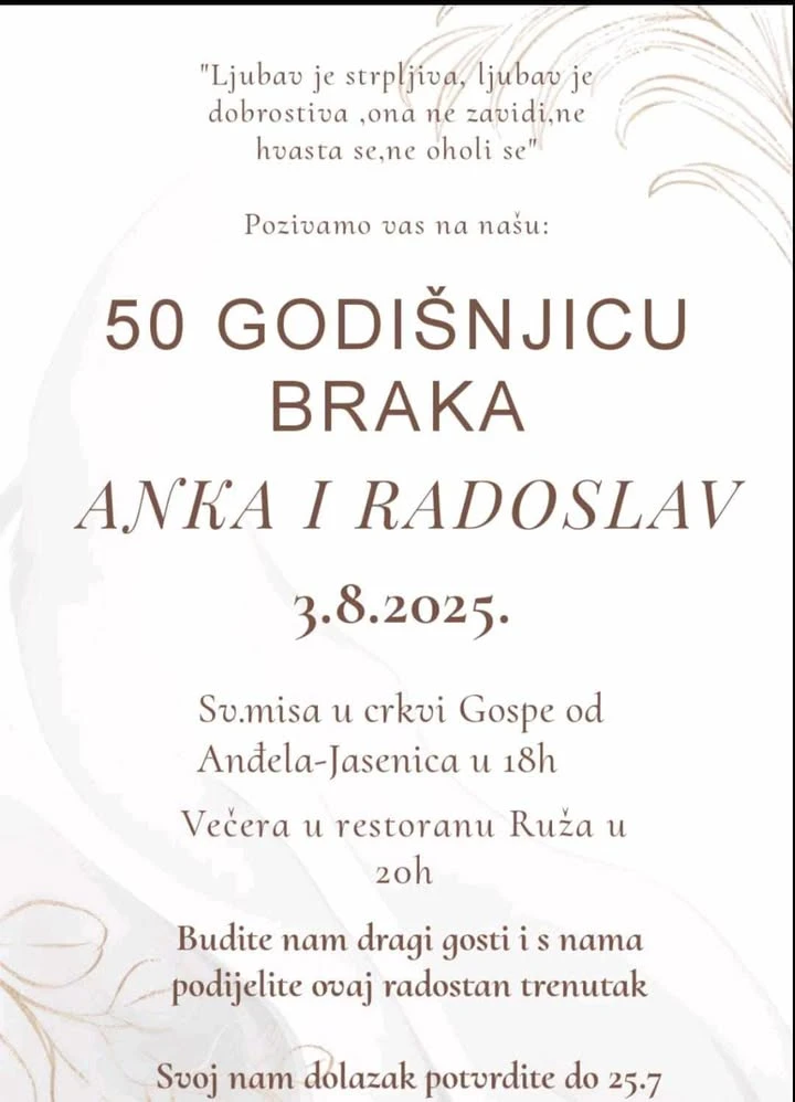 Pozivnica na obilježavanje 50. godišnjice braka Anke i Radoslava