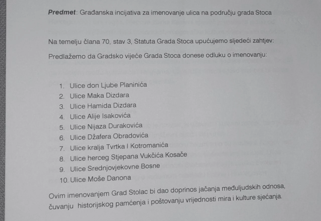 Inicijativa za promjenu naziva ulica u Stocu