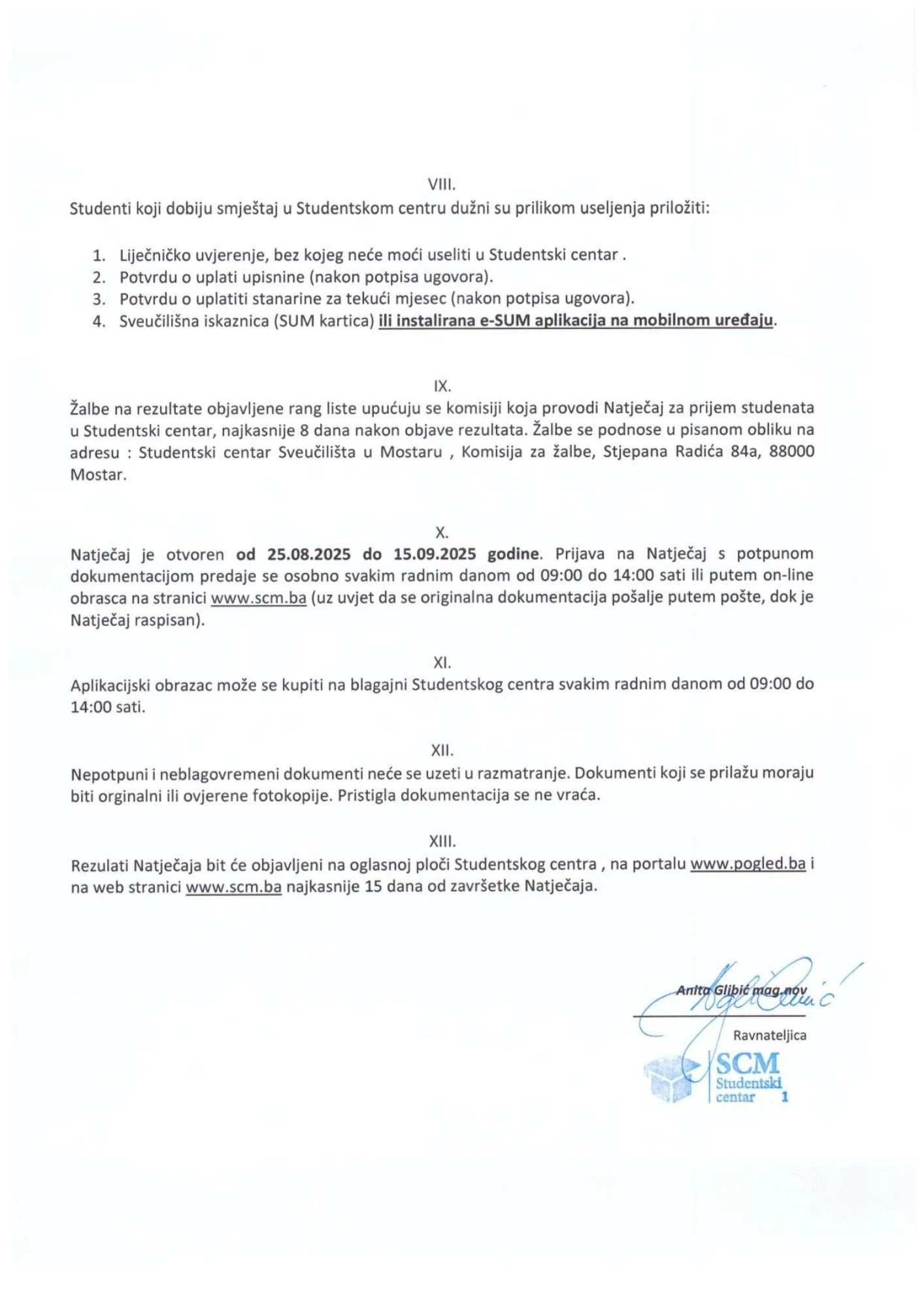 Natječaj za prijem brucoša u studentski centar Mostar
