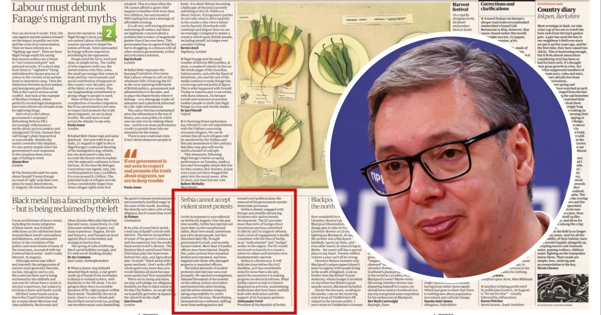 Vučićev članak u uglednom britanskom listu završio u rubrici "pisma čitatelja"