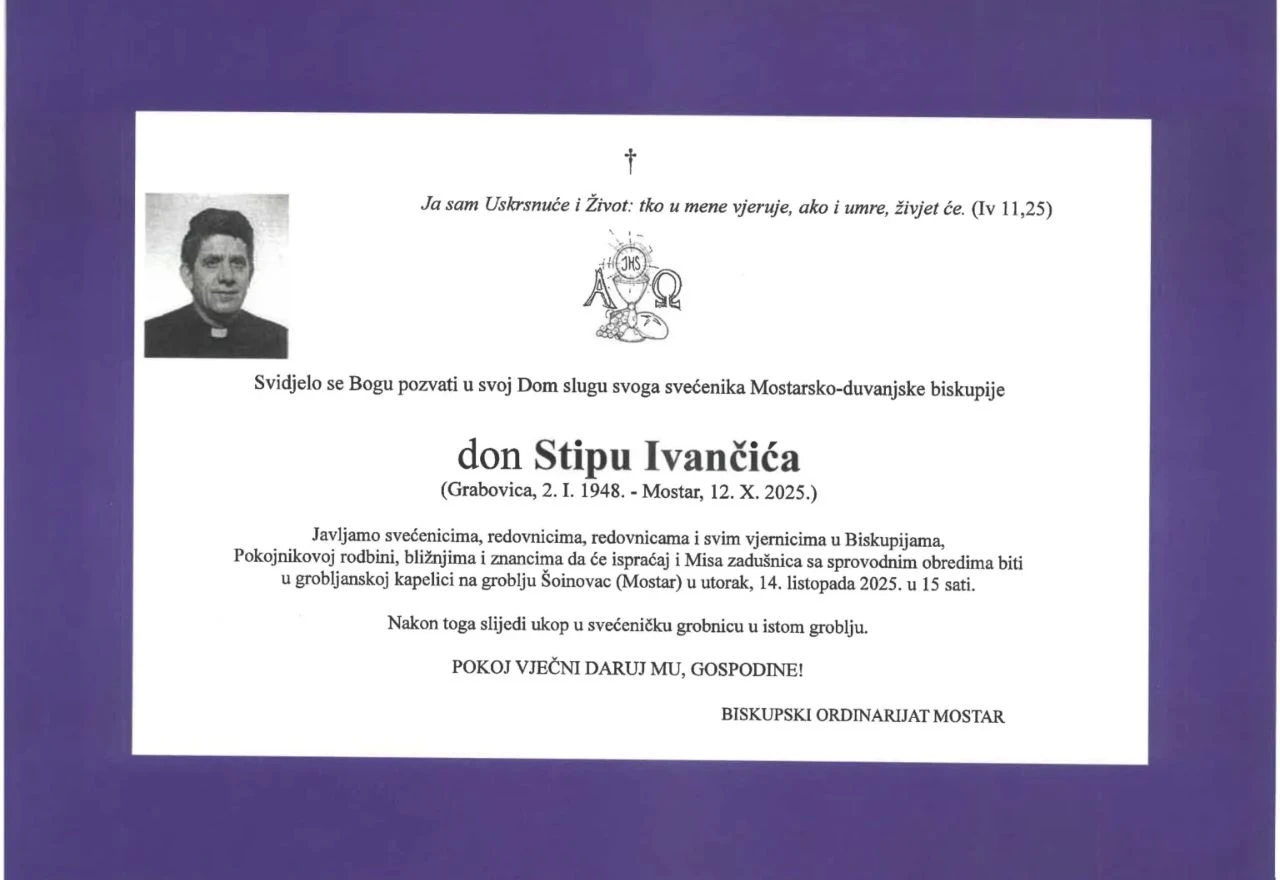 Preminuo don Stipe Ivančić, umirovljeni svećenik Mostarsko-duvanjske biskupije