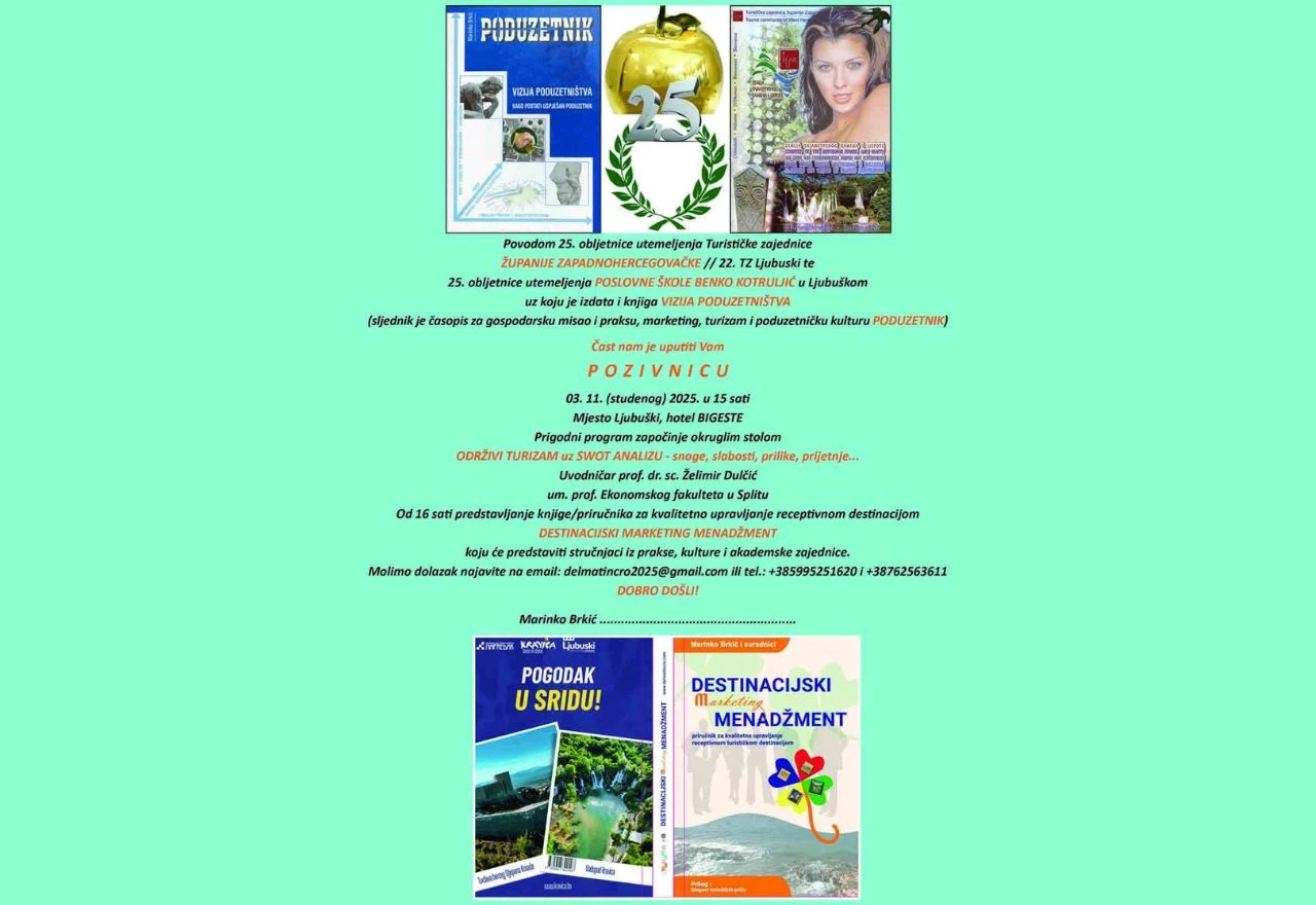 Marinko Brkić u Ljubuškom predstavlja knjigu "Destinacijski marketing menadžment"