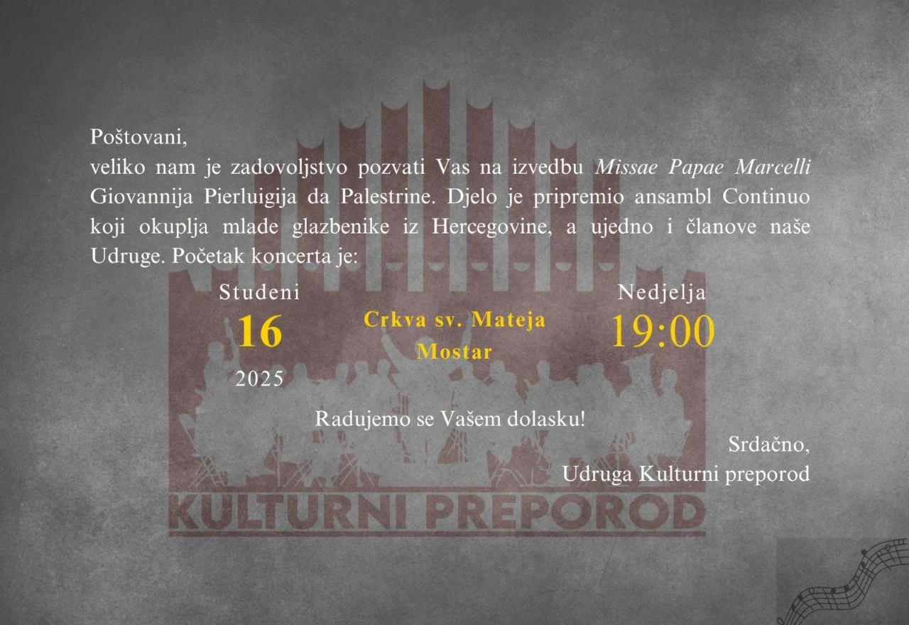 Premijerno izvođenje Palestrinine "Misse Papae Marcelli" u Mostaru