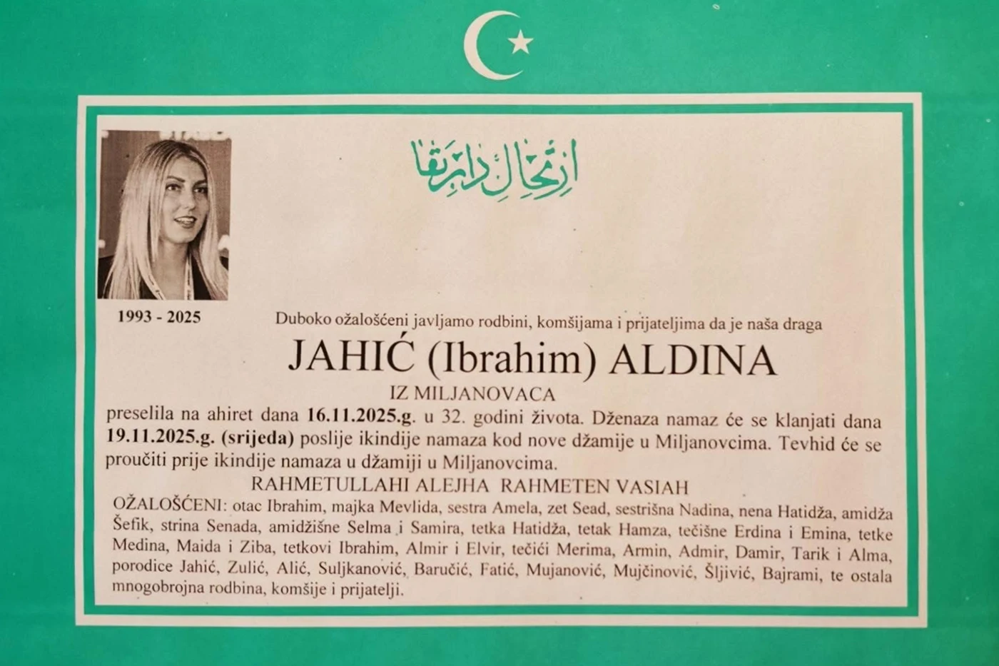 Sutra dženaza ubijenoj Aldini Jahić