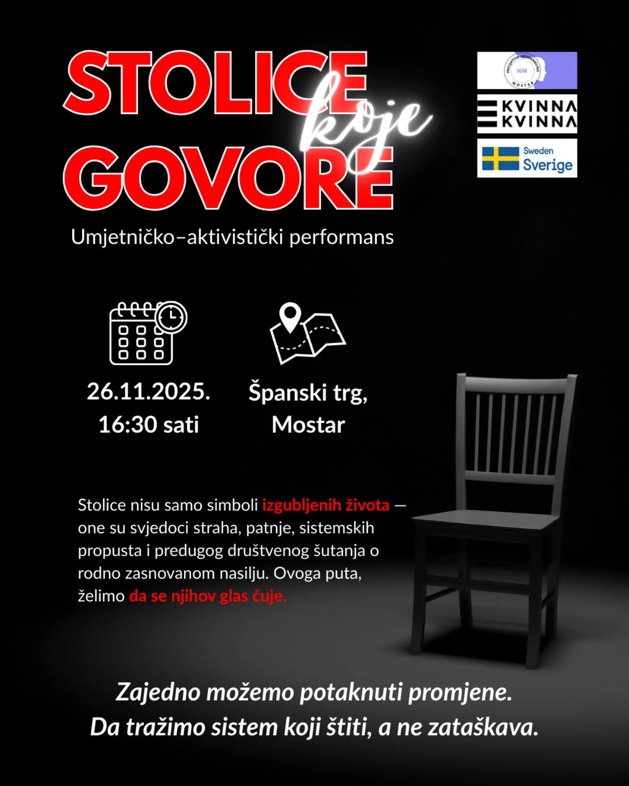 Umjetničko-aktivistička instalacija pod nazivom "Stolice koje govore" za 15 ubijenih žena