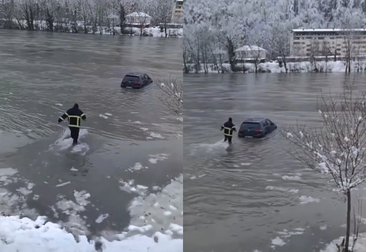 VIDEO | Pogledajte kako je vatrogasac u Zvorniku izvezao potopljeni Golf iz rijeke