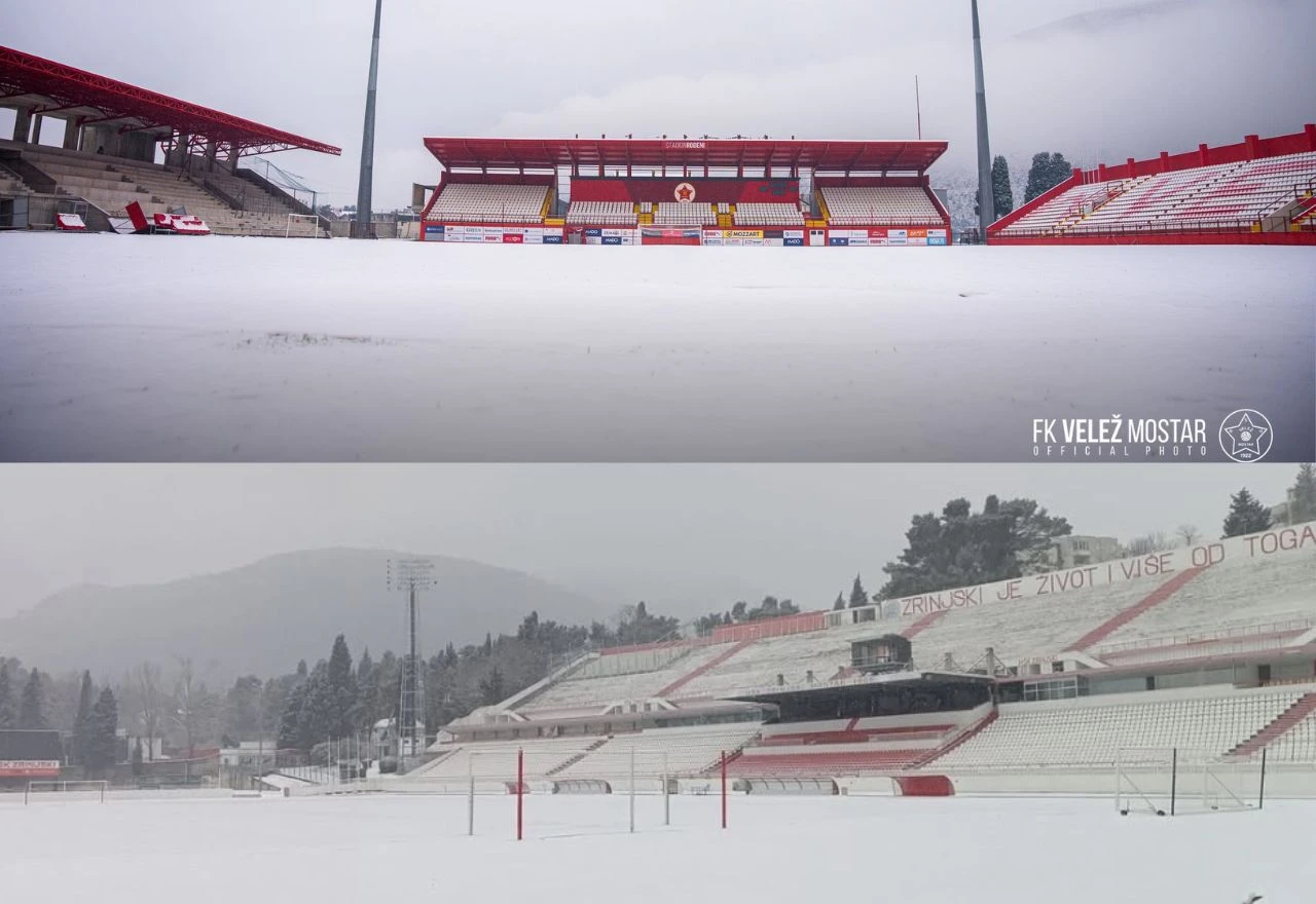FOTO | Snijeg zabijelio i stadione u Mostaru
