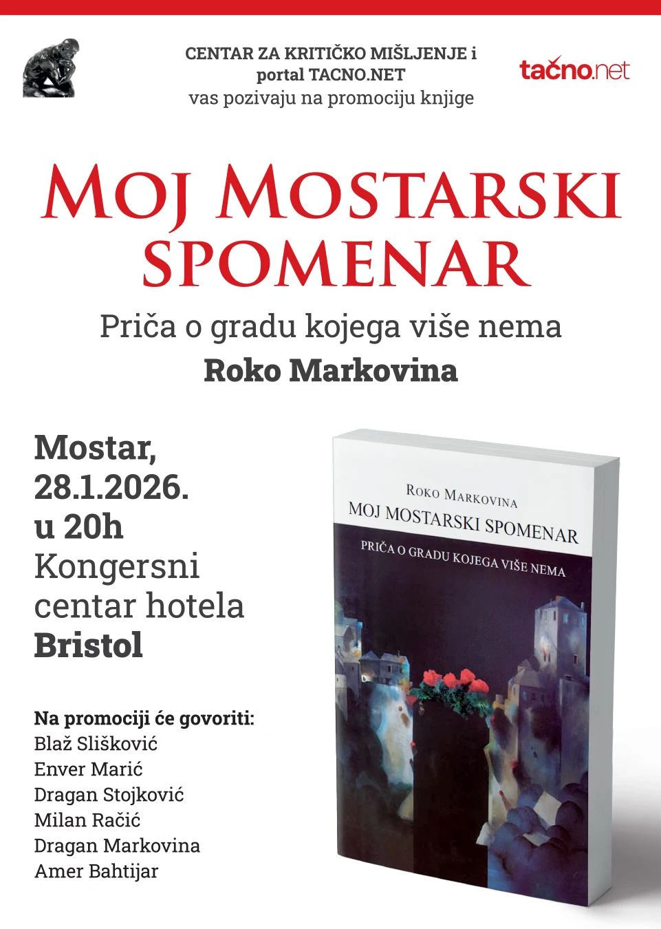 Promocija knjige ''Moj mostarski spomenar'': Govore Blaž Slišković, Enver Marić, Dragan Markovina i drugi